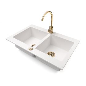   Gránit mosogatótálca NERO Verso + magasított arany csaptelep + dugókiemelő (fehér)