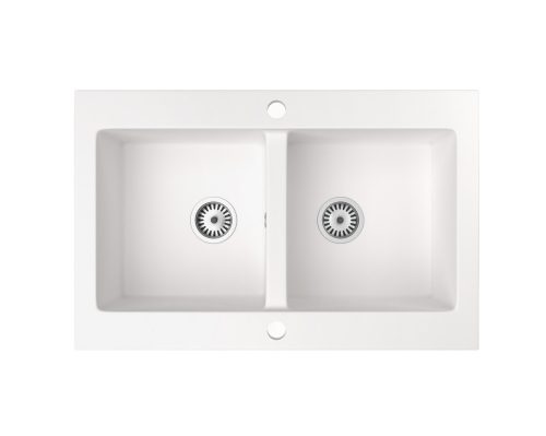 Gránit mosogatótálca NERO Verso + magasított arany csaptelep + dugókiemelő (fehér)