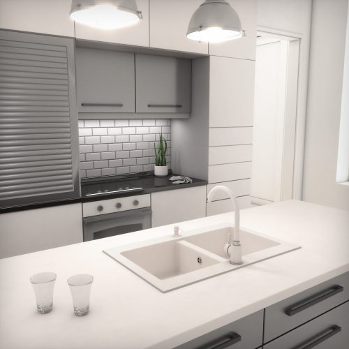 Gránit mosogatótálca NERO Verso + magasított arany csaptelep + dugókiemelő (fehér)