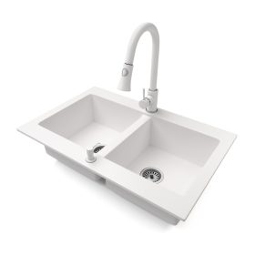   Gránit mosogatótálca NERO Verso + kihúzható zuhanyfejes Snake csaptelep + adagoló (fehér)