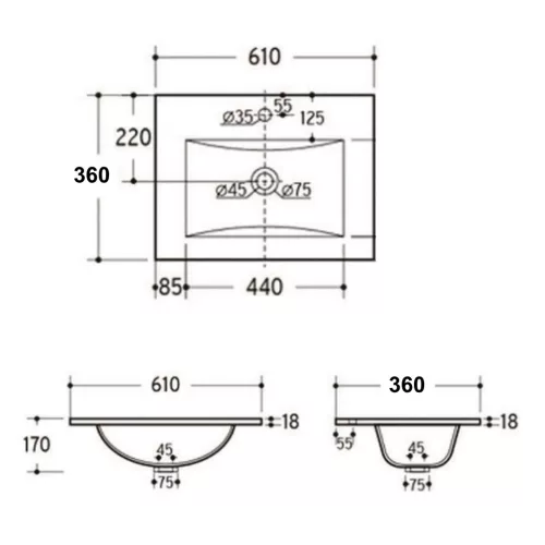 Welland Formia-60-36 fürdőszobabútorra szerelhető mosdókagyló - 61 x 36 cm