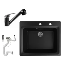  	 Gránit mosogató NERO Italia + kihúzható Shower csaptelep + dugóemelő (matt fekete) 