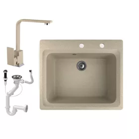   Gránit mosogató NERO Italia + Design csaptelep + dugóemelő (bézs)