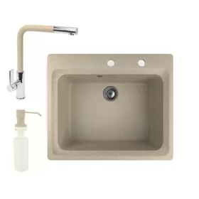   Gránit mosogató NERO Italia + kihúzható fejes Linea csaptelep + adagoló + (bézs)