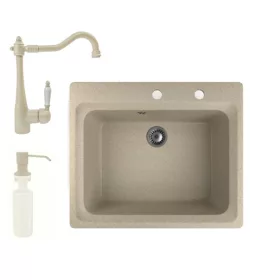  Gránit mosogató NERO Italia + rusztikus csaptelep + adagoló + (bézs)