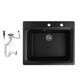   Gránit mosogató NERO Italia + automata dugókiemelő + szifon készlet (matt fekete)