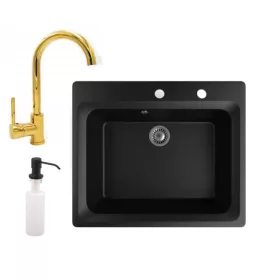   Gránit mosogató NERO Italia + magasított arany csaptelep + adagoló (matt fekete)