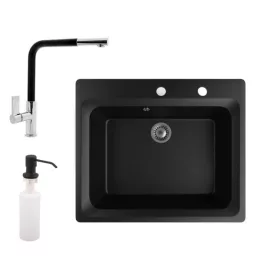   Gránit mosogató NERO Italia + kihúzható fejes Linea csaptelep + adagoló + (matt fekete)