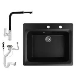   Gránit mosogató NERO Italia + kihúzható fejes Linea csaptelep + dugókiemelő + (matt fekete)