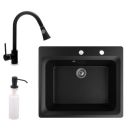  Gránit mosogató NERO Italia + kihúzható Snake csaptelep + adagoló (matt fekete)