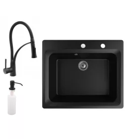   Gránit mosogató NERO Italia + Duo-Flex csaptelep + adagoló (matt fekete)
