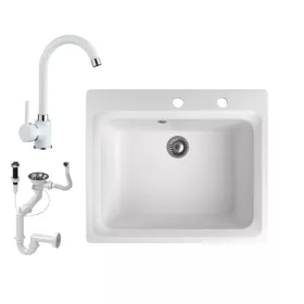   Gránit mosogató NERO Italia + magasított csaptelep + dugóemelő (fehér)