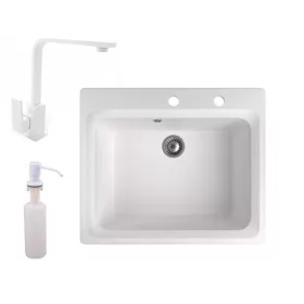   Gránit mosogató NERO Italia + Design csaptelep + adagoló (fehér)