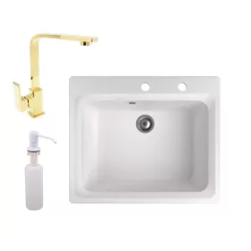   Gránit mosogató NERO Italia + Design Gold csaptelep + adagoló (fehér)