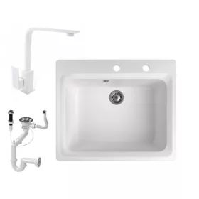   Gránit mosogató NERO Italia + Design csaptelep + dugóemelő (fehér)