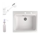   Gránit mosogató NERO Italia + kihúzható Shower csaptelep + adagoló (fehér)