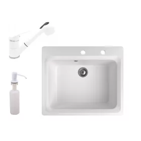   Gránit mosogató NERO Italia + kihúzható Shower csaptelep + adagoló (fehér)