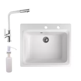   Gránit mosogató NERO Italia + kihúzható fejes Linea csaptelep + adagoló + (fehér)