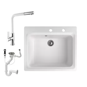   Gránit mosogató NERO Italia + kihúzható fejes Linea csaptelep + dugókiemelő + (fehér)