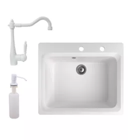   Gránit mosogató NERO Italia + rusztikus csaptelep + adagoló (fehér)