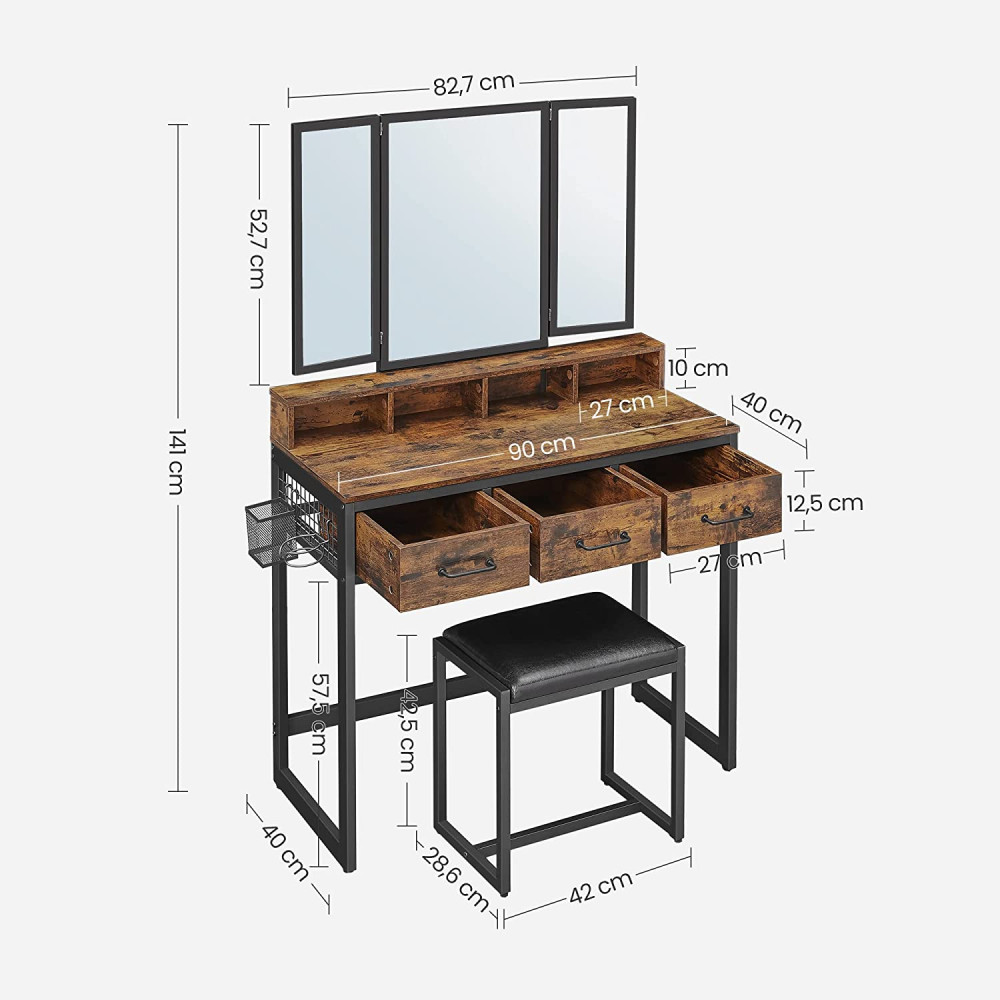 Fésülködőasztal zárható tükörrel + szék - Vasagle Loft termék 2. képe