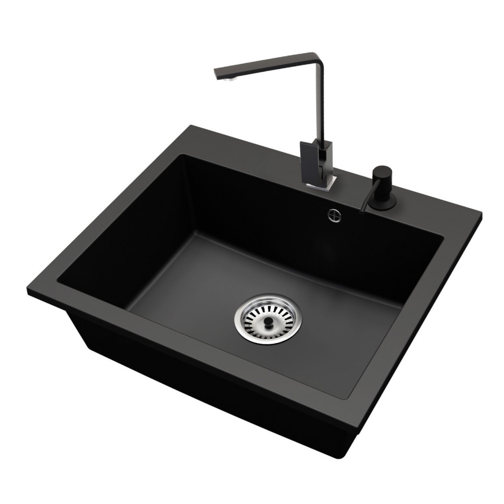 Gránit mosogató NERO Piazza-60 + Design csaptelep + adagoló (fekete) akciós termékkép 1