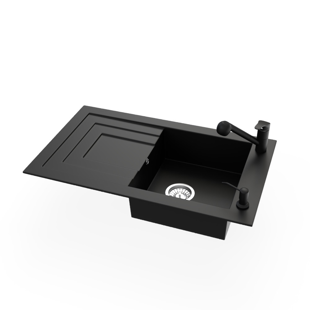 Gránit mosogató NERO Cortina + kihúzható zuhanyfejes Shower csaptelep + adagoló (fekete matt) akciós termékkép 1