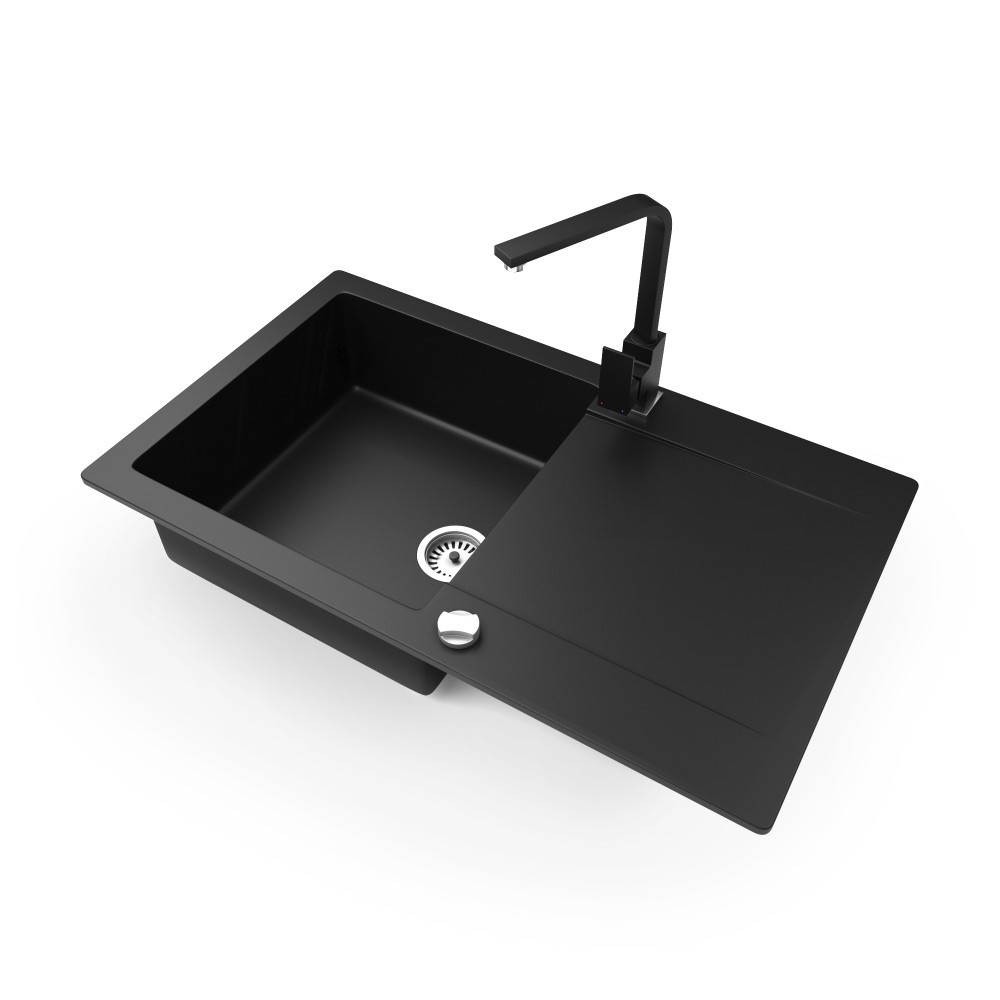 Gránit mosogatótálca NERO Gold + Design csaptelep + dugókiemelő (matt fekete) akciós termékkép 1