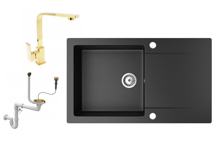 Gránit mosogatótálca NERO Gold + Design Gold csaptelep + dugókiemelő (matt fekete) akciós termékkép 1