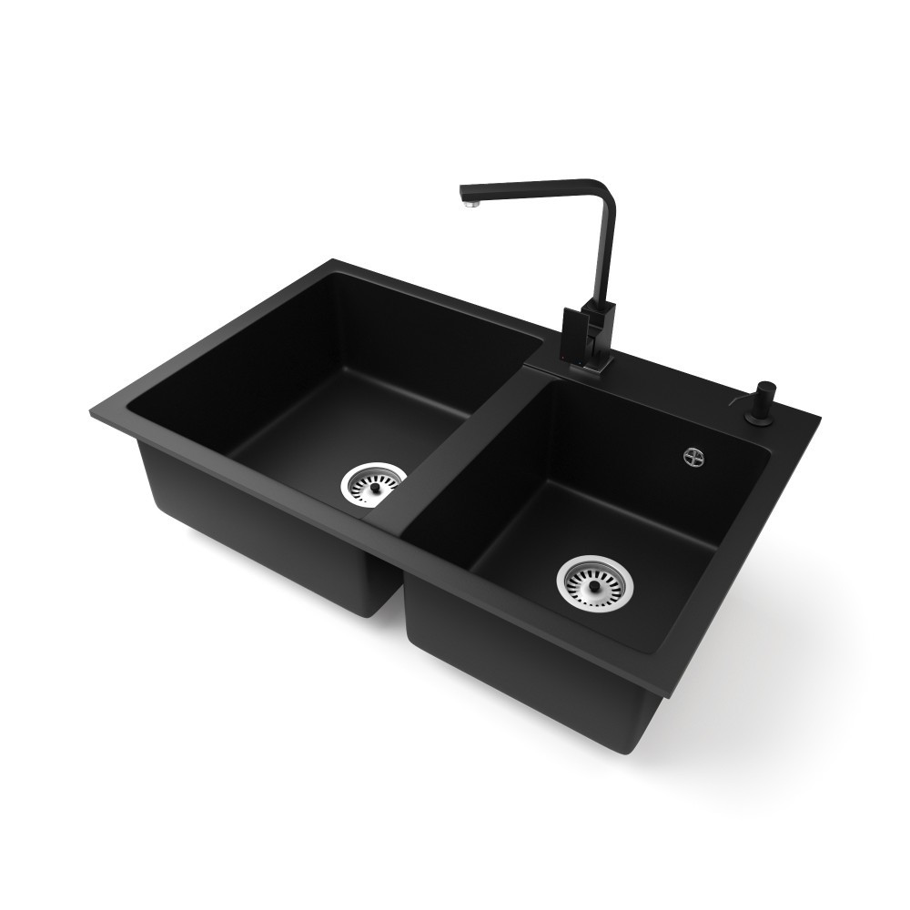 Gránit mosogatótálca NERO Palazzo + Design csaptelep + adagoló (matt fekete) akciós termékkép 1