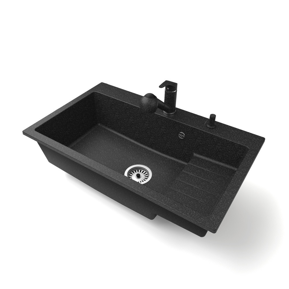 Gránit mosogatótálca NERO Boss + kihúzható Shower csaptelep + adagoló + dugókiemelő (fekete)